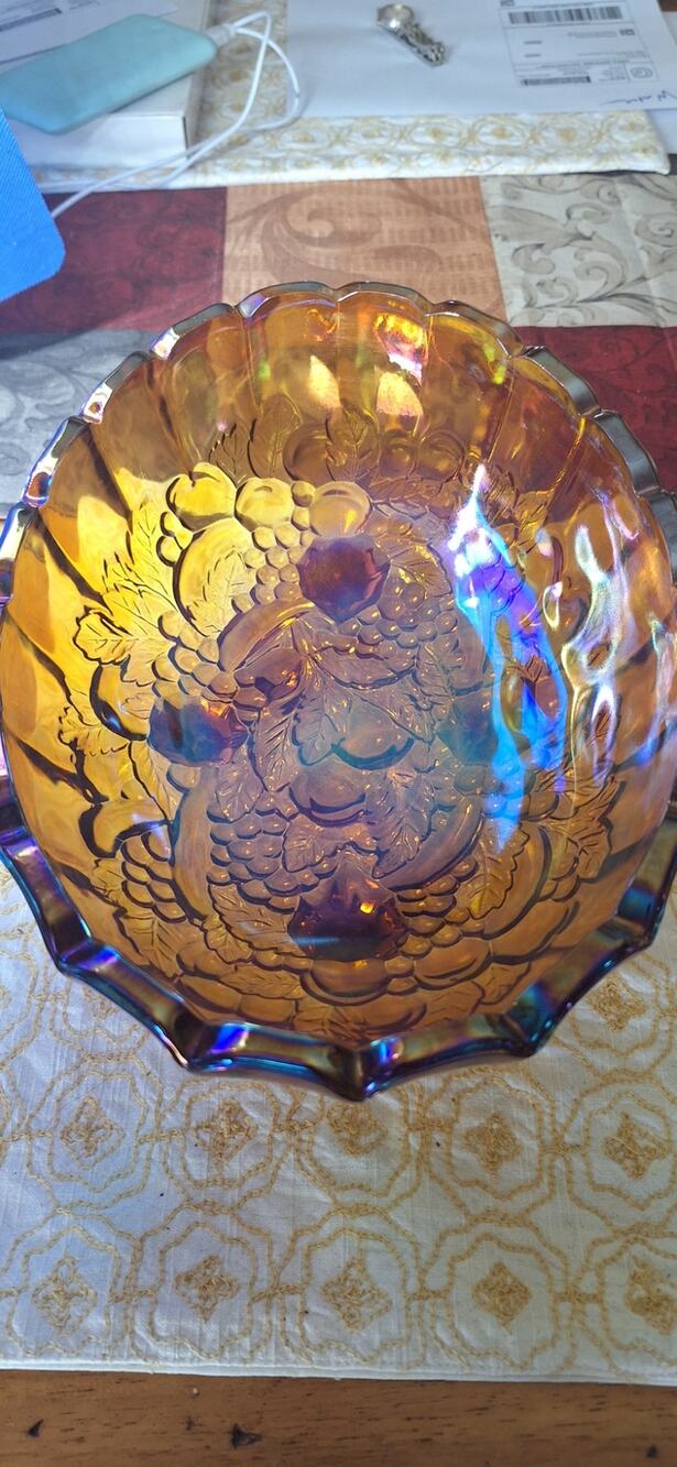 Indiana Glass Amber Carnival Glass Footed Fruit Bowl 12 Inch Vintage